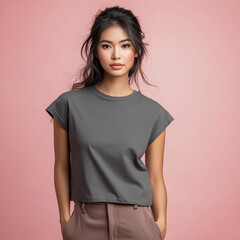 Obraz premium Confident Young Asian Woman in Grey T Shirt Casual Pose Against Pink Background