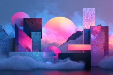 Digital mood board layout with AI-generated color palettes, gradient shapes and type samples, futuristic design composition on clean background