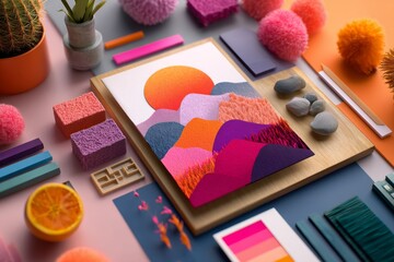 Digital mood board layout with AI-generated color palettes, gradient shapes and type samples, futuristic design composition on clean background