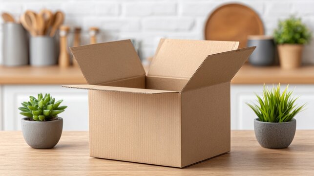 Modern home delivery brown box parcel on floor surrounded by plants in bright kitchen environment