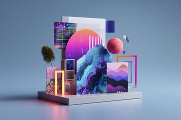 Digital mood board layout with AI-generated color palettes, gradient shapes and type samples, futuristic design composition on clean background