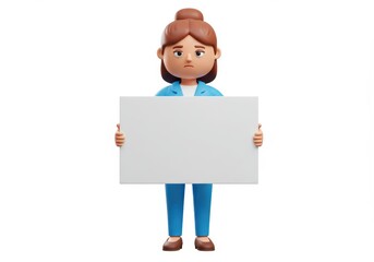 Fototapeta premium Cartoon woman holding a blank sign isolated on white background