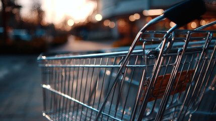 A shopping cart sits empty outdoors near a store entrance at sunset, with a blurred background and warm lighting.