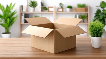 Modern home delivery parcel a brown box on a wooden floor surrounded by green plants