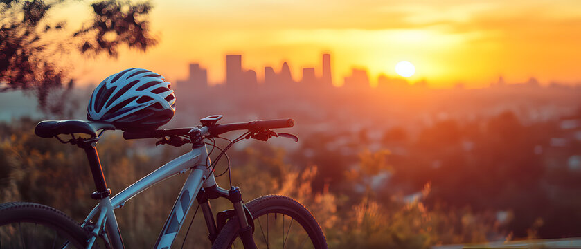 Bicycle Silhouette Against Sunset City Skyline with Helmet for Active Lifestyle - Powered by Adobe