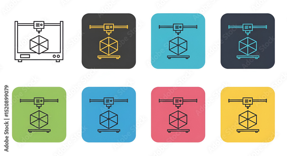 Poster 3d printer icon set with various colored backgrounds. simple, outline illustration of a 3d printer i