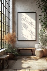 Blank poster mockup in brown Scandinavian interior. Soft shadows, elegant and sophisticated aesthetic