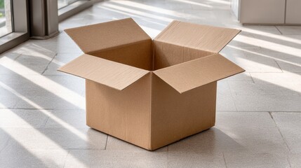 Modern home delivery brown box parcel on floor bright environment with sunlight streaming in