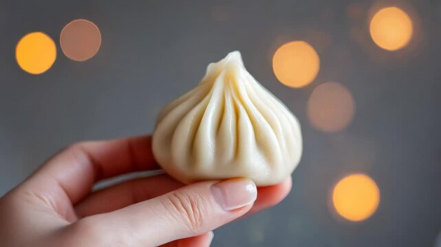 A hand holds a traditional Chinese steamed dumpling with soft background bokeh and warm lighting.
