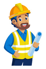 vector of a builder in yellow hard hat, safety vest, and holding blueprints, isolated on white
