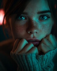 Close-up artistic portrait with teal and orange lighting effects