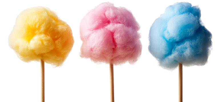 Three Colorful Cotton Candies on Sticks Isolated on White