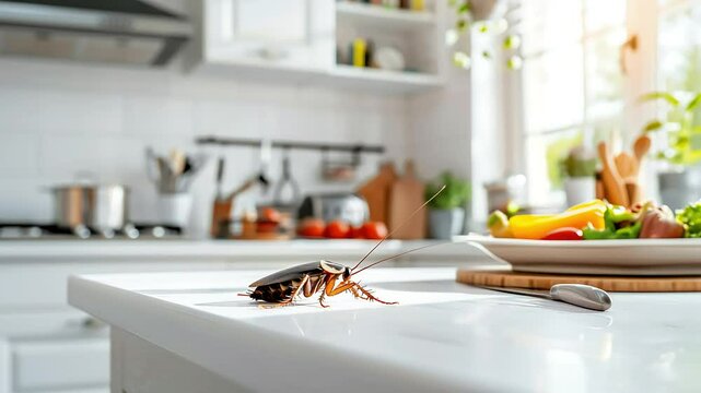 Cockroach walking on kitchen counter near fresh vegetables, health hazard and pest control concept