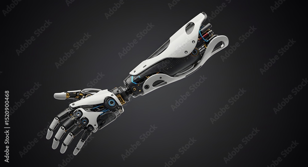 Poster futuristic white and black robotic arm with intricate details, high-tech bionic limb for cyberpunk a