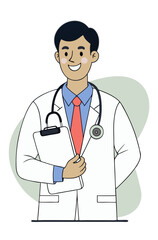 Fototapeta premium vector of a medical doctor in white coat with stethoscope, holding a clipboard, smiling professionally, white background 