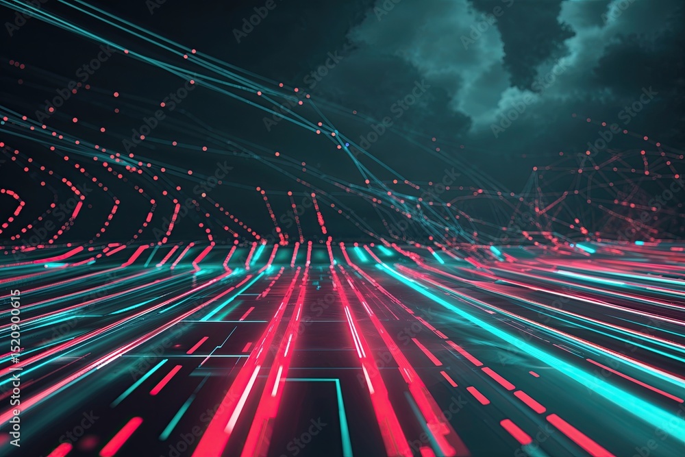 Poster pulsating animated holographic lines in red and turquoise on dark background exploring technology di