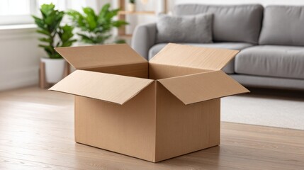 Modern delivery parcel box at home on brown floor cozy living room environment inviting viewpoint