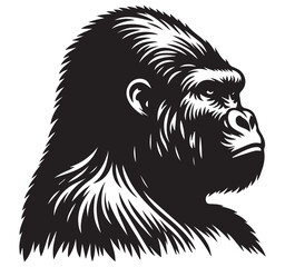 Obraz premium Detailed Black and White Gorilla Head Profile Vector Illustration - Powerful Wild Primate Animal Art Graphic