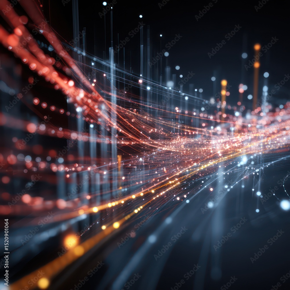 Poster big data research and analytics visualized as dynamic, flowing streams using advanced technology.