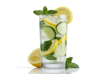 refreshing cucumber lemonade with slices of lemon and fresh mint leaves served in clear glass