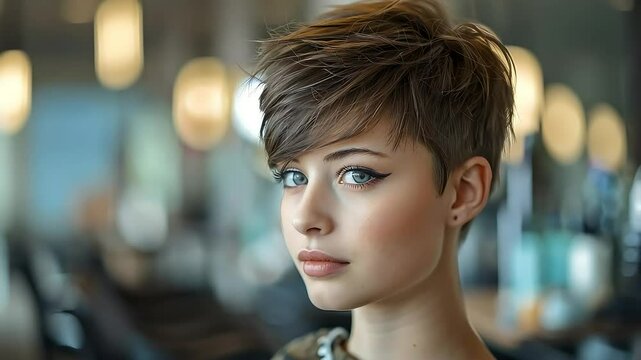 Young woman showing modern pixie haircut in hair salon