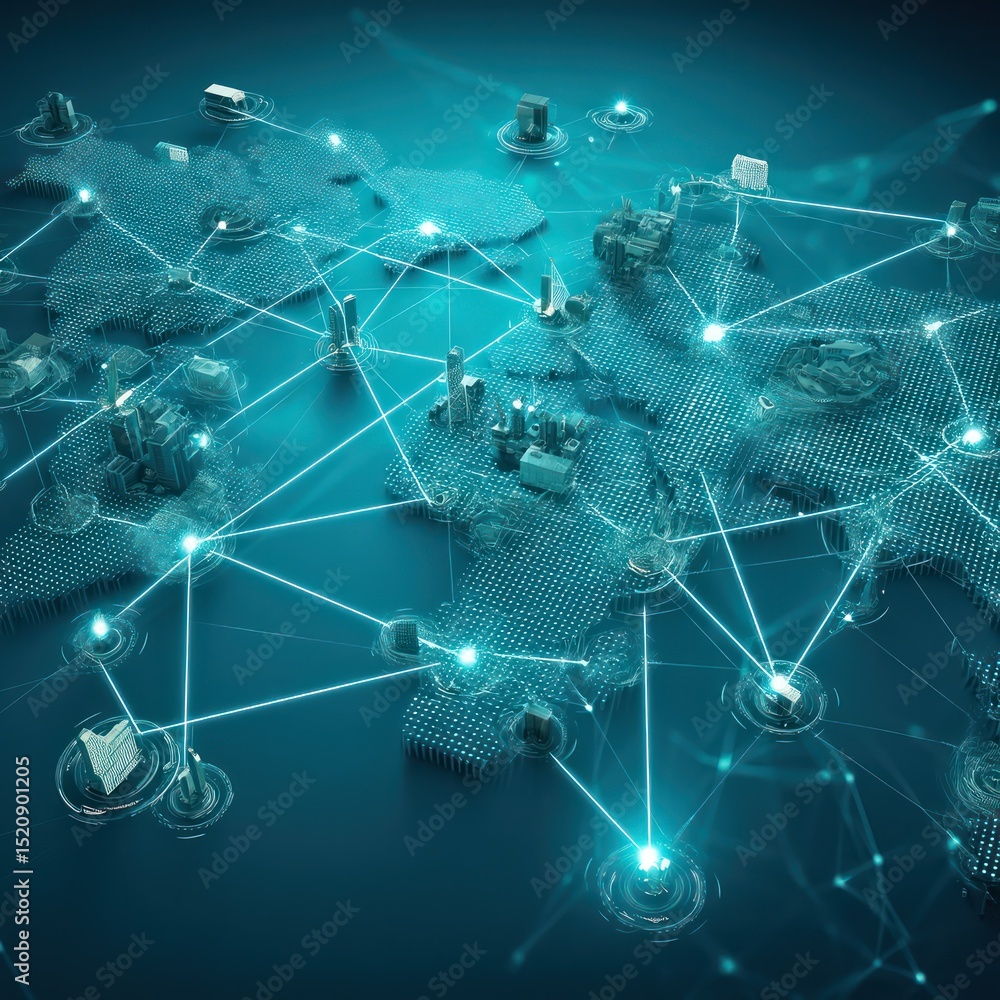 Poster global business communication network, integrating iot and blockchain for seamless interaction.