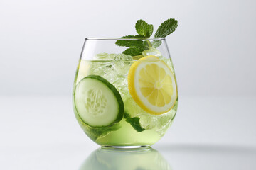refreshing cucumber lemonade with slices of lemon and fresh mint leaves served in clear glass
