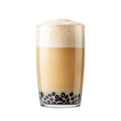 Creamy bubble tea with tapioca pearls, served in tall glass, offers refreshing and delightful experience