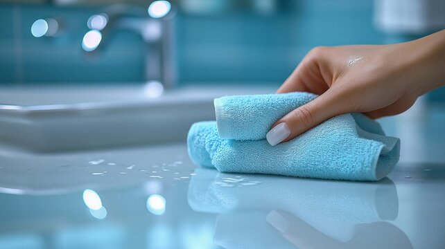 A person wipes a water spot from a countertop using a blue cleaning cloth in a bright kitchen.