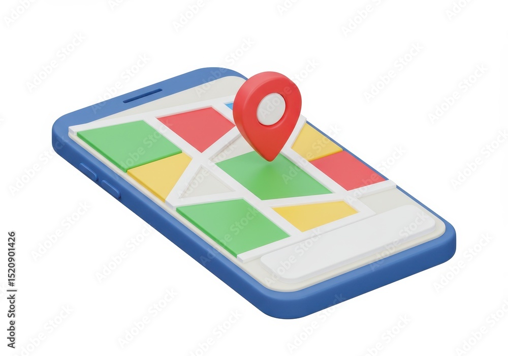 Poster stylized smartphone with map and location pin isolated on white background