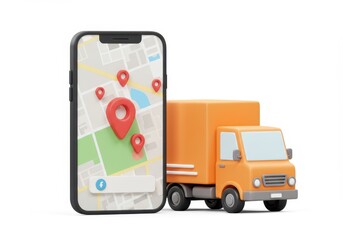 Delivery truck and smartphone with map and location pins isolated on white background