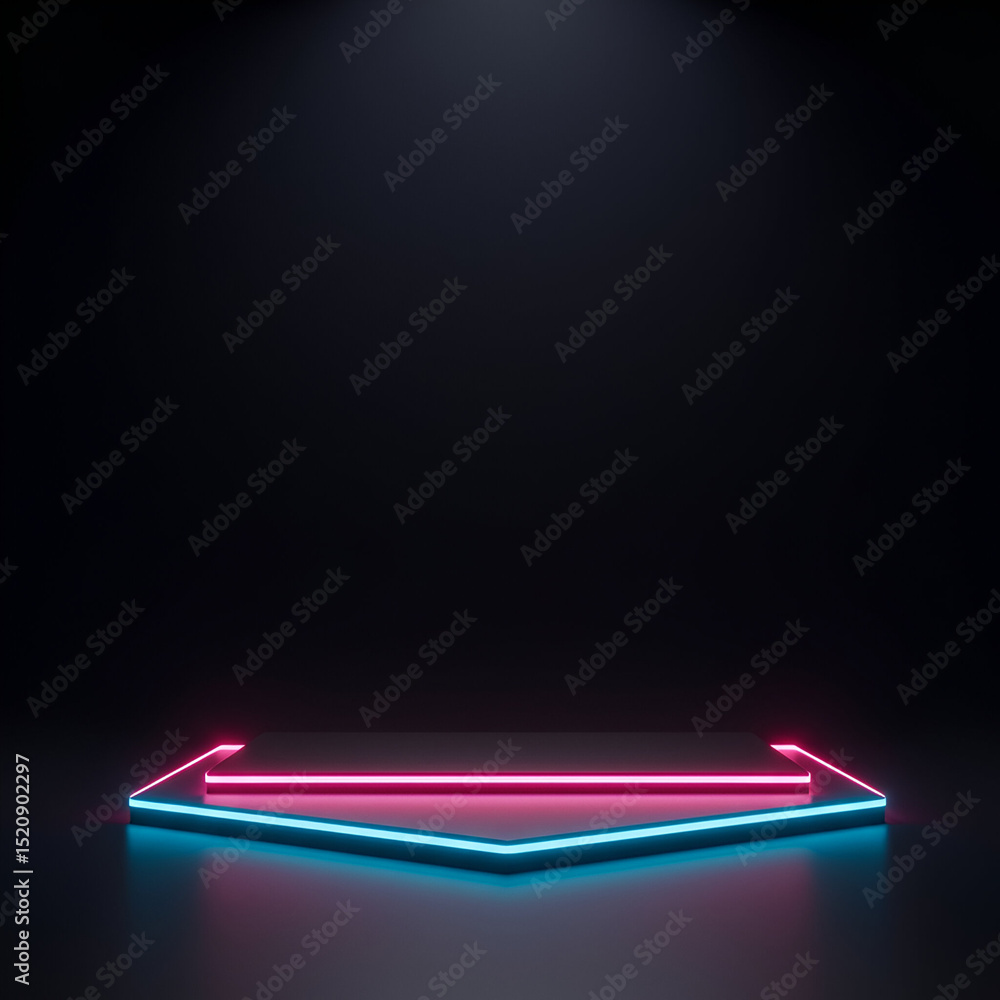 Poster empty neon light platform with glowing borders in dark studio setting. modern, minimal, and professi