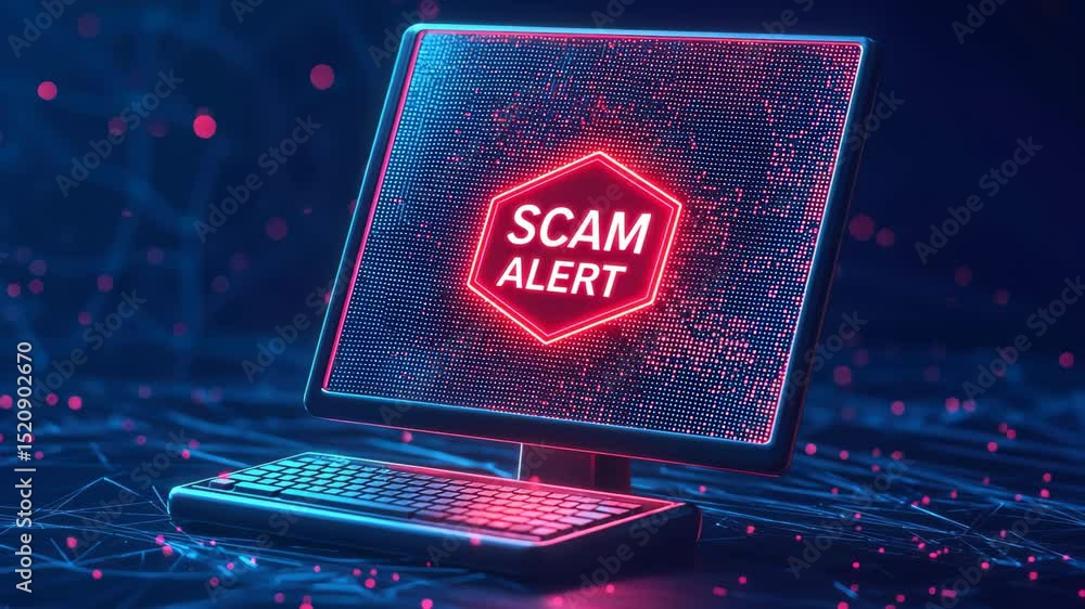 Aufkleber computer screen displaying a scam alert warning message.
