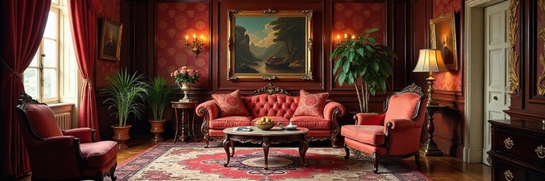 A lavishly decorated interior hinting at wealth and entitlement; ornate furniture, expensive artwork, and a sense of unchecked privilege , haughty, home