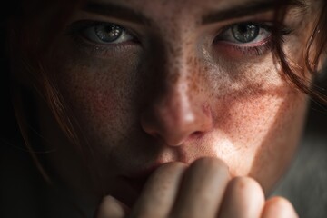 Close-up of a freckled woman’s face with piercing eyes and soft lighting