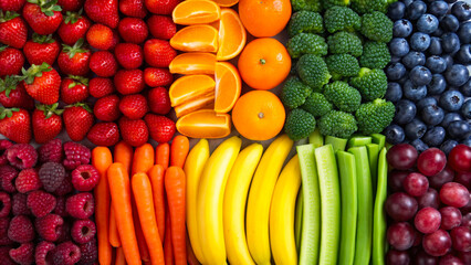 Colorful rainbow of variety raw fruits and vegetables. Fresh organic healthy antioxidant violet, red, green, orange and yellow food. Vegetarian healthy nutrition flat lay