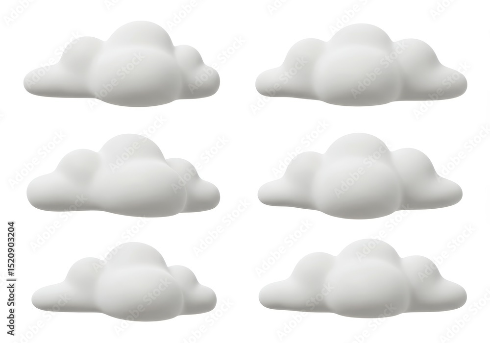 Poster six white cloud-shaped objects isolated on white background, arranged in a grid pattern