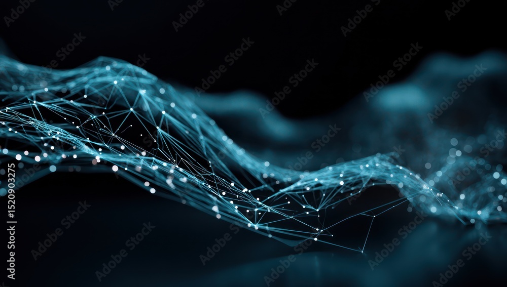 Poster abstract dots and lines in wave-like motion illustrating future-forward technology.