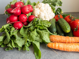 Healthy Organic Vegetables Assortment on Rustic Kitchen Background