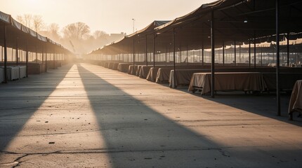 Empty marketplace at dawn with long shadows stretching across the pavement