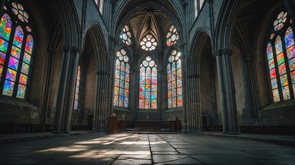 Fototapeta premium Gothic architecture interior with colorful stained glass windows in a historic church during afternoon light