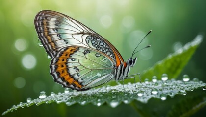 Fototapeta premium Stunning Closeup of a Green and Orange Butterfly on a Dew Covered Leaf in Nature