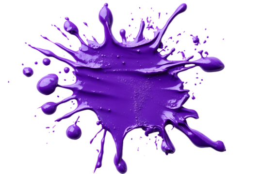 A vibrant purple paint splatter with dynamic drops and smudges spreading out isolated on white background