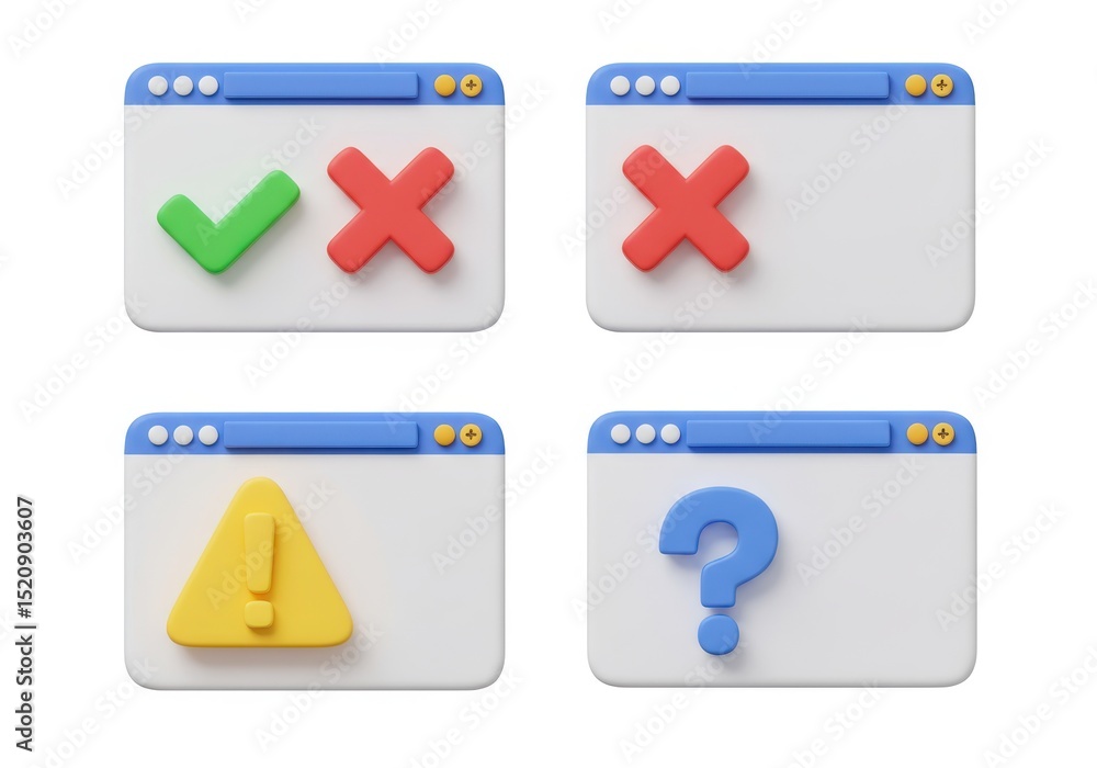 Poster 3d rendering of check mark, cross mark, warning sign, and question mark icons isolated on white back