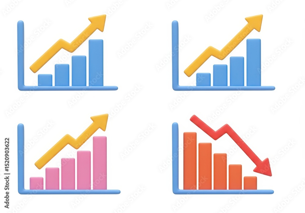 Poster 3d bar graphs showing growth and decline isolated on white background