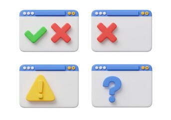 3D rendering of check mark, cross mark, warning sign, and question mark icons isolated on white background