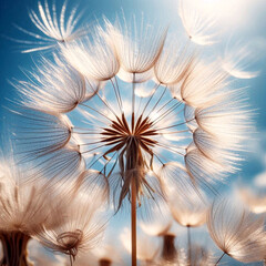 Dandelion Seeds Floating in Sunlight Against a Blue Sky