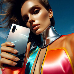 Futuristic Cyberpunk Model Holding a Smartphone with Metallic Accents