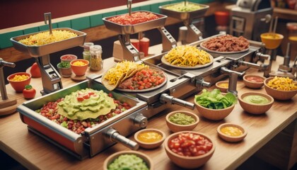 Fototapeta premium Delicious Taco Bar Setup with Various Toppings and Ingredients