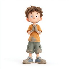 Young Boy in Dirty Clothes with Hands Together in a Playful Pose